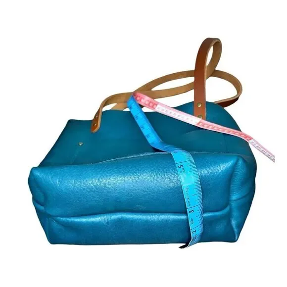 Turquoise Pebbled Full Grain Leather Tote With Tan Handles - Picture 5 of 9